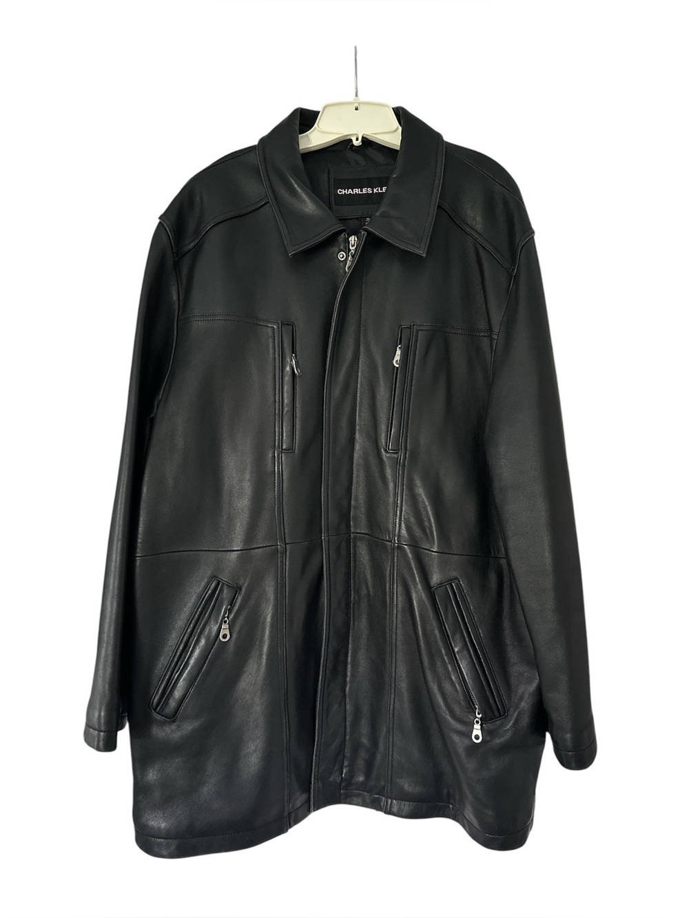 Men's Vintage Charles Klein Black Leather Coat. Size XL.